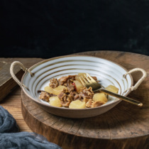 Japanese-style rugged pottery with double ear soup dish creative fruit salad dish dish household meal ceramic retro tableware