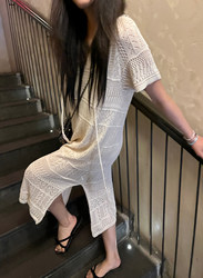 3ts summer hollow knitted dress ແບບຝຣັ່ງເສອແຂນສັ້ນແຂນຍາວ (ມີ suspenders)