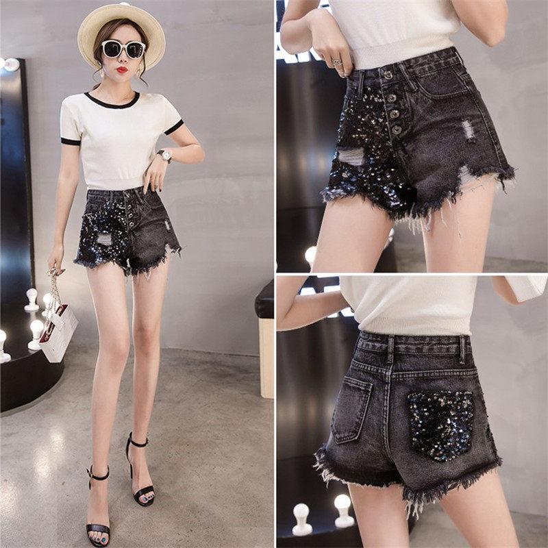 Hong Kong Tide Card 2022 Summer New Heavy Work Bright Sheet Hair Side Breaking Hole High Waist Denim Shorts Women Wide-legged Pants 100 Hitch