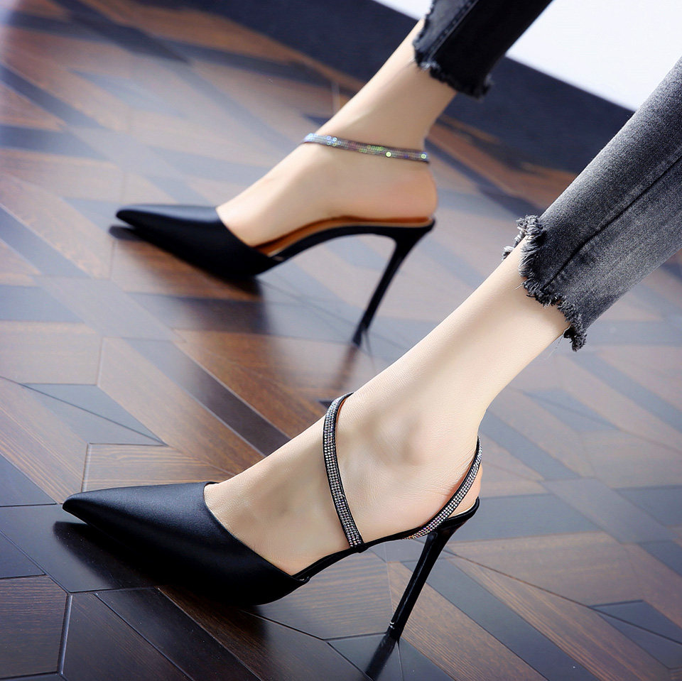 Fashion Sexy Water Drill Baotou Fine Heel Sandals Women 2022 Summer New Pointed Silk Satin High Heels Tuxedo Shoe Tide