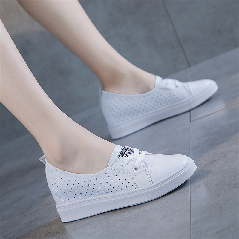 Hong Kong 2022 spring and summer new real leather inner heightening small white shoes female breathable 100 lap hollowed-out shallow mouth One foot pedal white shoes