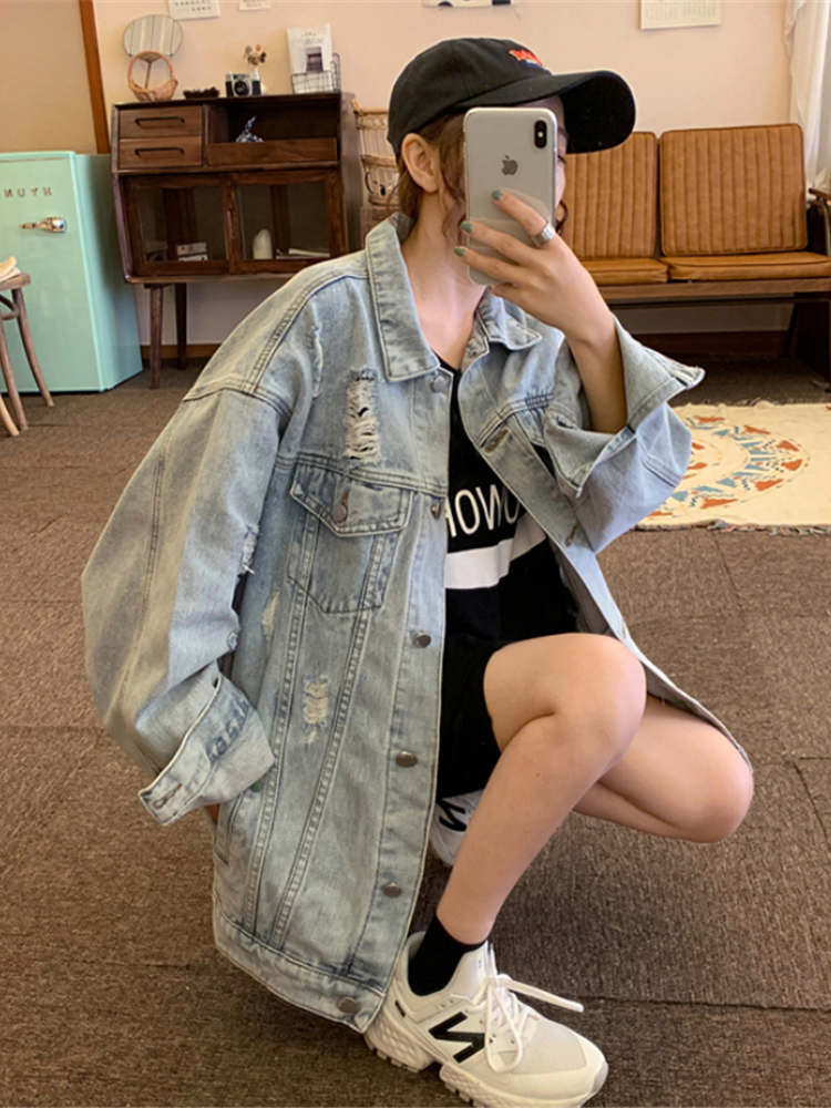 South Korea Boomer 2022 Spring Summer New Hole Cowboy Jacket Schoolgirl Retro Bf Loose Medium Long Version Jacket