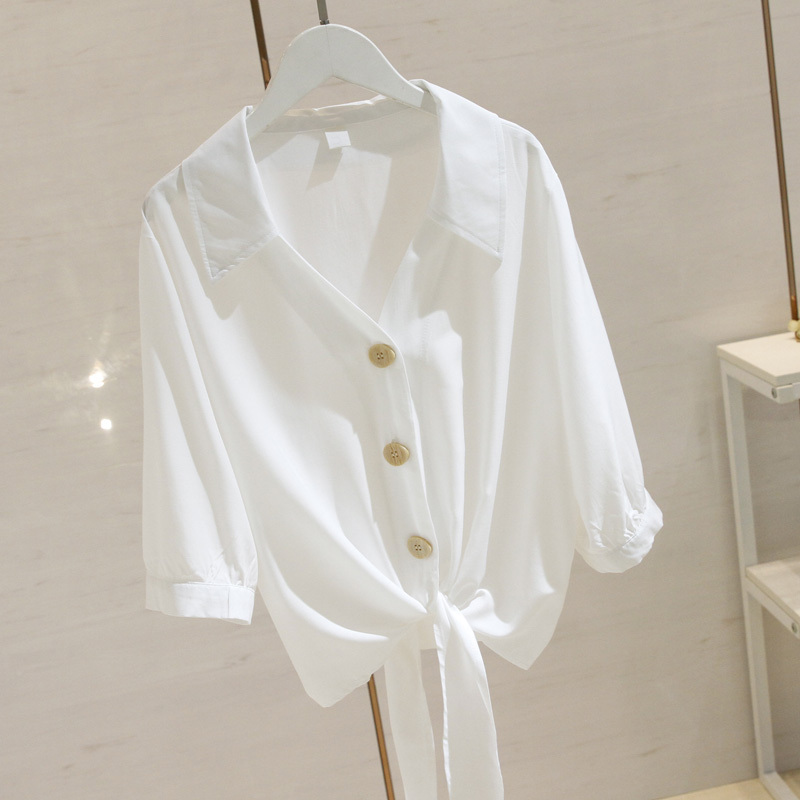 Hong Kong 2026 New Summer White V-Neck Shirt for Women, Mid-Sleeve, Loose, Slimming, Sun-Protective, Tie-Up Short Top, Trendy Hong Kong 2026 New Summer White V-Neck Shirt for Women, Mid-Sleeve, Loose, Slimming, Sun-Protective, Tie-Up Short Top, Trendy