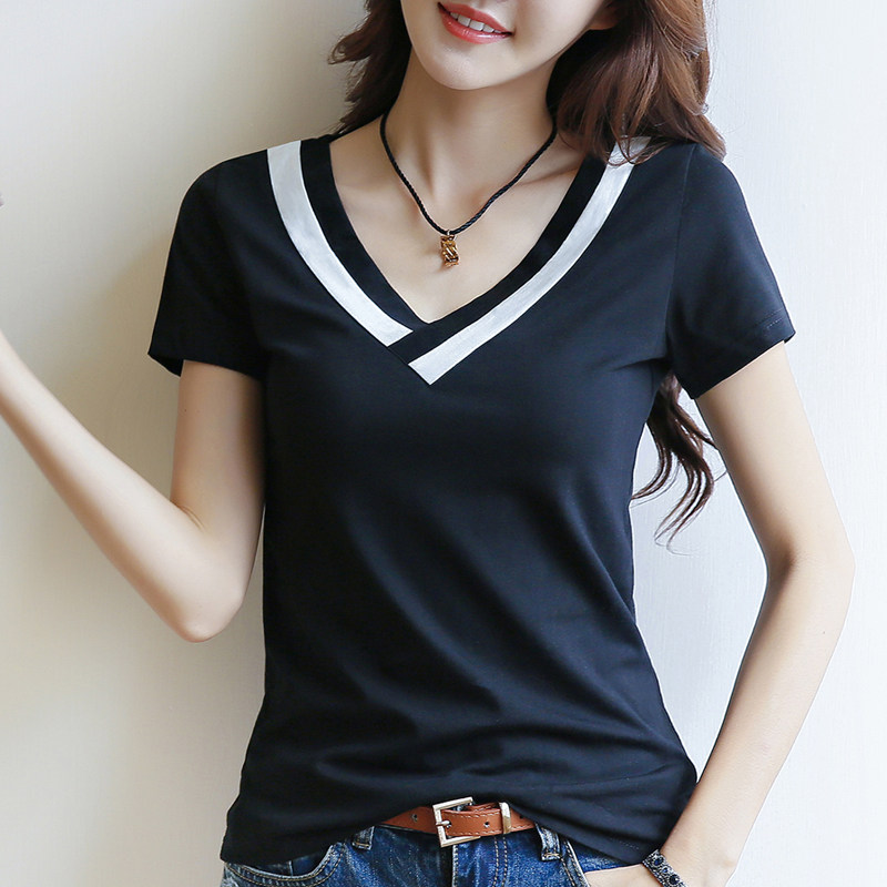 2021 Korea Tide Brand Spring Summer New Fashion V-neck Solid Color Short Sleeve T-shirt Women Cotton Half Sleeve base shirt Loose