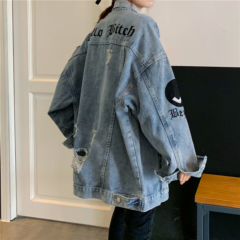 Korean trendy brand 2021 spring and autumn new ripped denim jacket female net red student bf loose embroidery jacket long sleeves