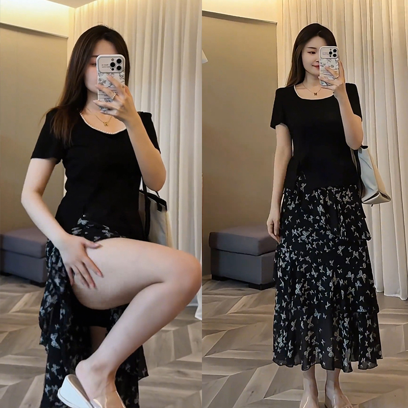 Plus-Size Square-Neck Short-Sleeve T-Shirt with Asymmetrical Slit + Printed Chiffon Skirt Two-Piece Summer Set, Slimming Effect Plus-Size Square-Neck Short-Sleeve T-Shirt with Asymmetrical Slit + Printed Chiffon Skirt Two-Piece Summer Set, Slimming Effect