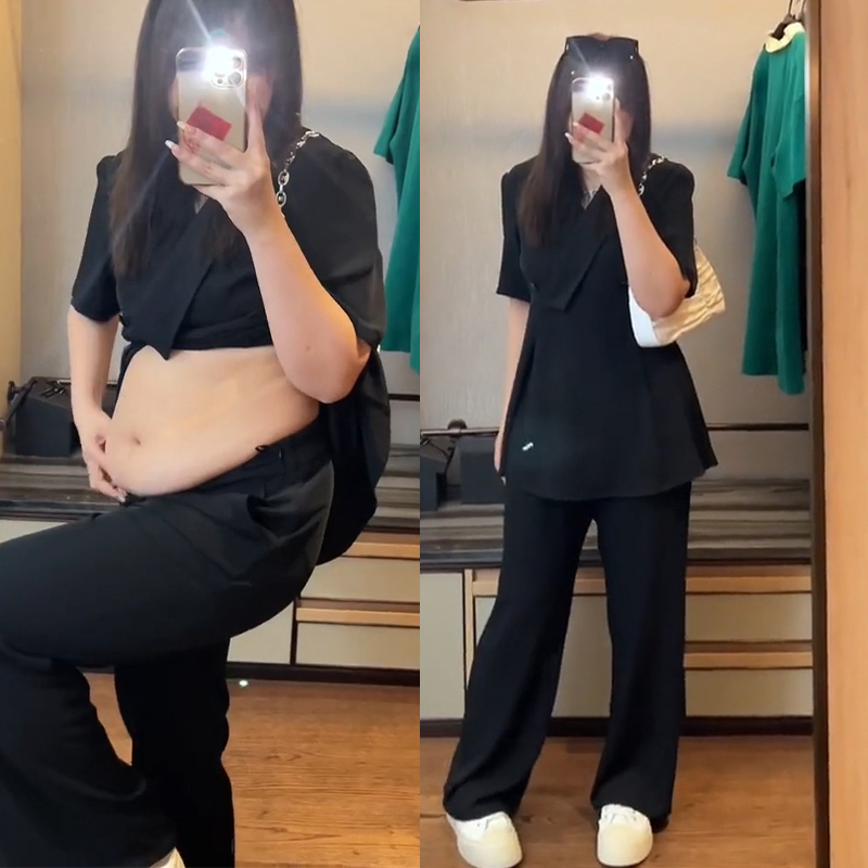 Plus-Size Women's Suit Set, Summer Thin V-Neck Slit Top, High-Waisted Wide-Leg Pants, Slimming Two-Piece Set for Chubby Women