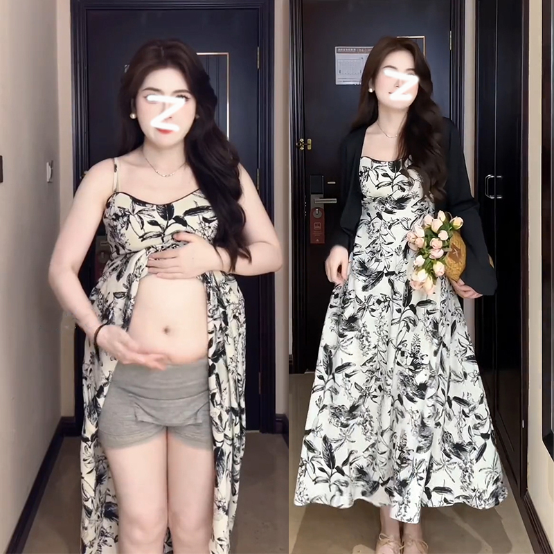 Plus-Size Dress for Chubby Women, Slimming and Concealing, Ink Painting Print Chiffon Slip Dress + Thin Sun Protection Cardigan Two-Piece Set