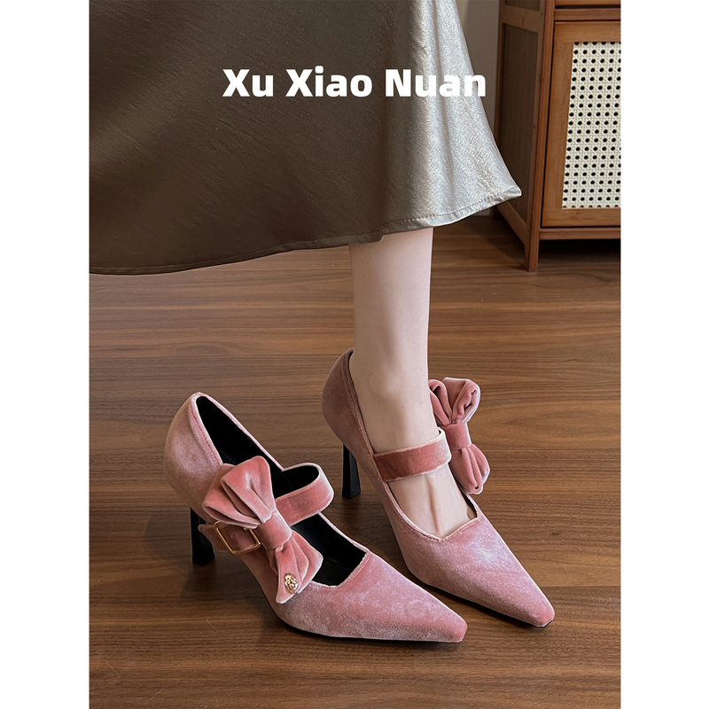 Sheepskin Version~Elegant Vintage-Style Bow-Knot Stiletto Heels for Women, Stunningly Beautiful Velvet Square-Toe High Heels for Spring