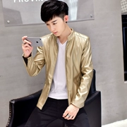 Áo khoác nam da bò cạp mùa thu vàng và bạc cá tính Hàn Quốc không chủ đạo màu sáng cổ áo trẻ trung da pu