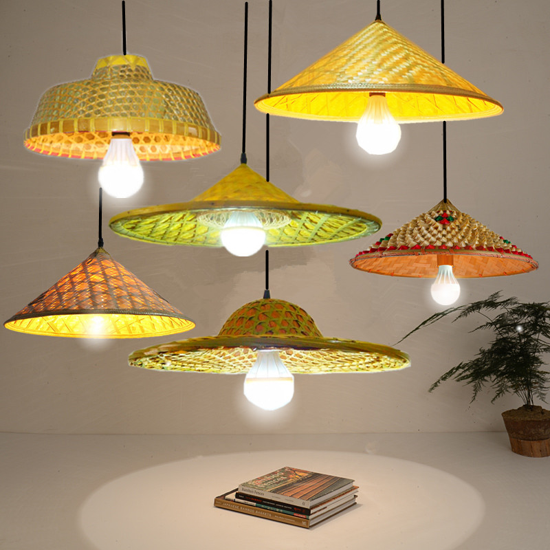 Retro Grass Hat Lampshades Chinese Style Fields Garden Leisure Farm House Fire Pot Shop Dining Room Personality Creative Bamboo Weave Bucket Hat Pendant Lamp