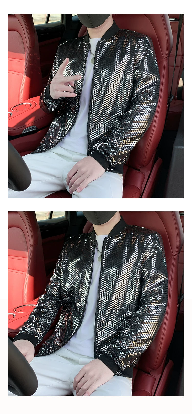 jean jacket men New Sequined Bomber Jacket Men Shiny Sequins Long Sleeve Glitter Zipper Coat Hip Hop Loose Night Club Stage Streetwear Coats blazer coat