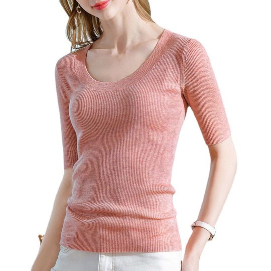 Danish large round neck bottoming shirt for women spring and autumn women's clothing 2024 new basic model with five-quarter sleeve wool sweater