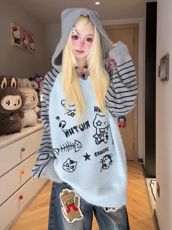 Subculture Cartoon Print Hooded Sweater for Women, Autumn and Winter Color-Blocking Popular Loose Pullover Sweater, Commuter Knitwear Subculture Cartoon Print Hooded Sweater for Women, Autumn and Winter Color-Blocking Popular Loose Pullover Sweater, Commuter Knitwear