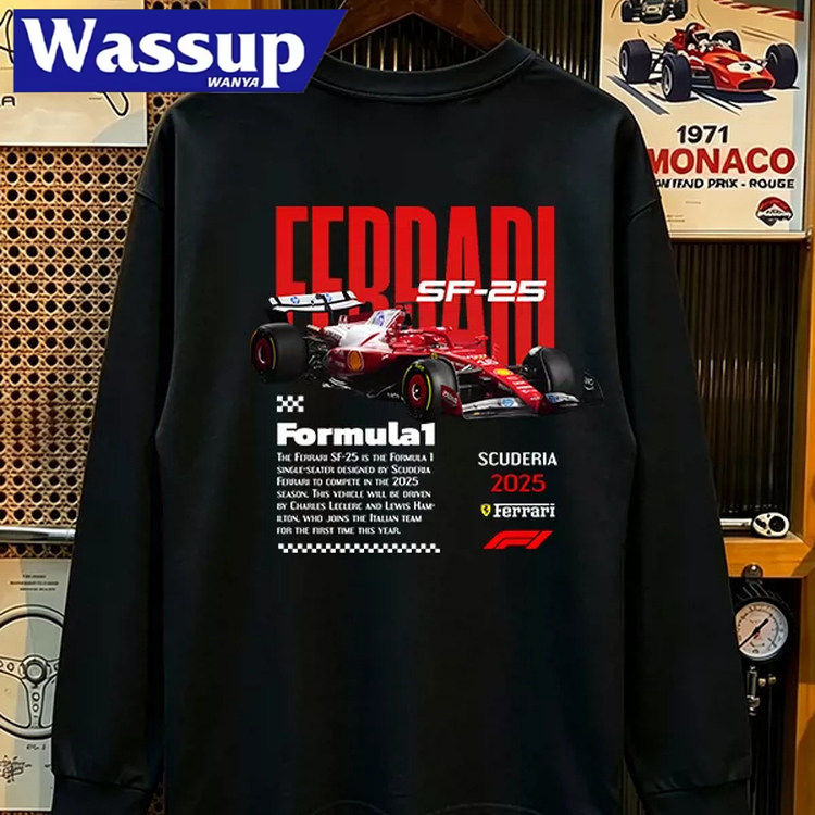 Pure Cotton Ferrari Sf-25 Formula Racing Long-Sleeve T-Shirt for Men, Autumn Heavyweight American Style Trendy Brand Loose Base Shirt
