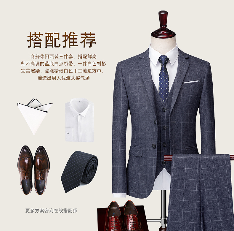Bộ đồ chú rể phù hợp với váy cưới nam bốn mùa Phiên bản Hàn Quốc của bộ đồ kẻ sọc xám tự trồng phù hợp với bộ đồ ba mảnh nam bộ vest nam trẻ trung