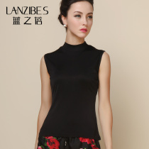 Summer silk T-shirt sleeveless vest female black coat mulberry silk middle high collar slim slim slim outside wear base shirt