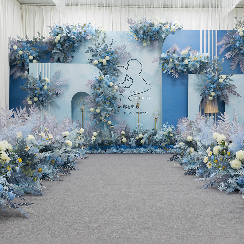 Haze blue wedding flower art wedding background wall site layout road lead flower row hanging flower arch T stage decoration fake flowers