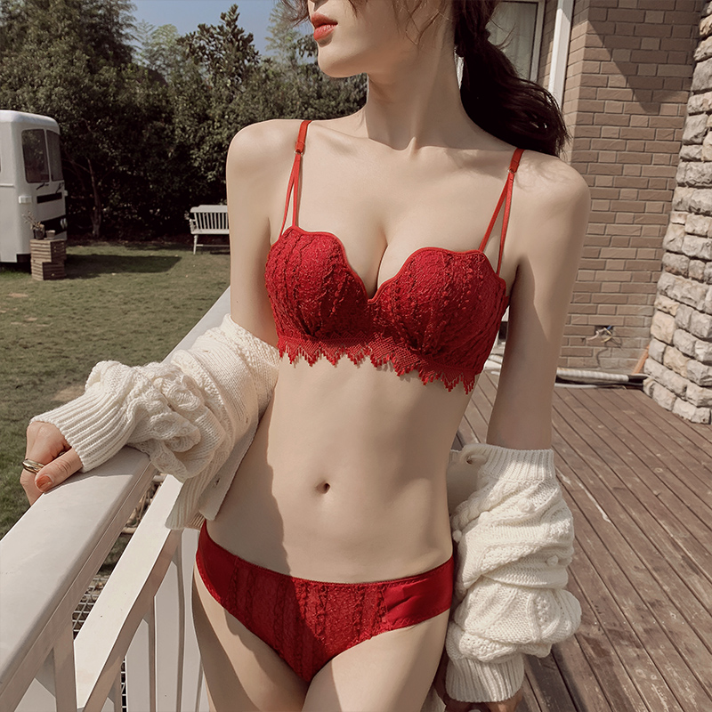 Sexy red natal year wedding underwear suit female small chest gathered large adjustment type comfortable no steel ring bra