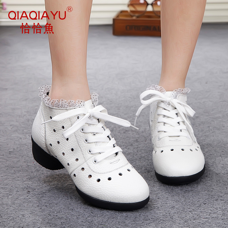 Chacha fish dance shoes women's outerwear modern dance white square dance shoes leather soft sole dance shoes spring and summer fashion
