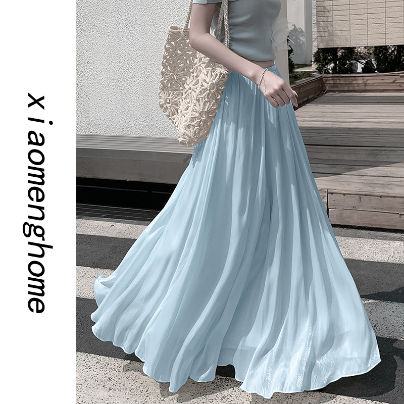 Beautiful and Stunning Flowing Gauze Skirt for Women, Summer 2026 New Style, Drapey A-Line Blue Long Skirt with a Large Hem