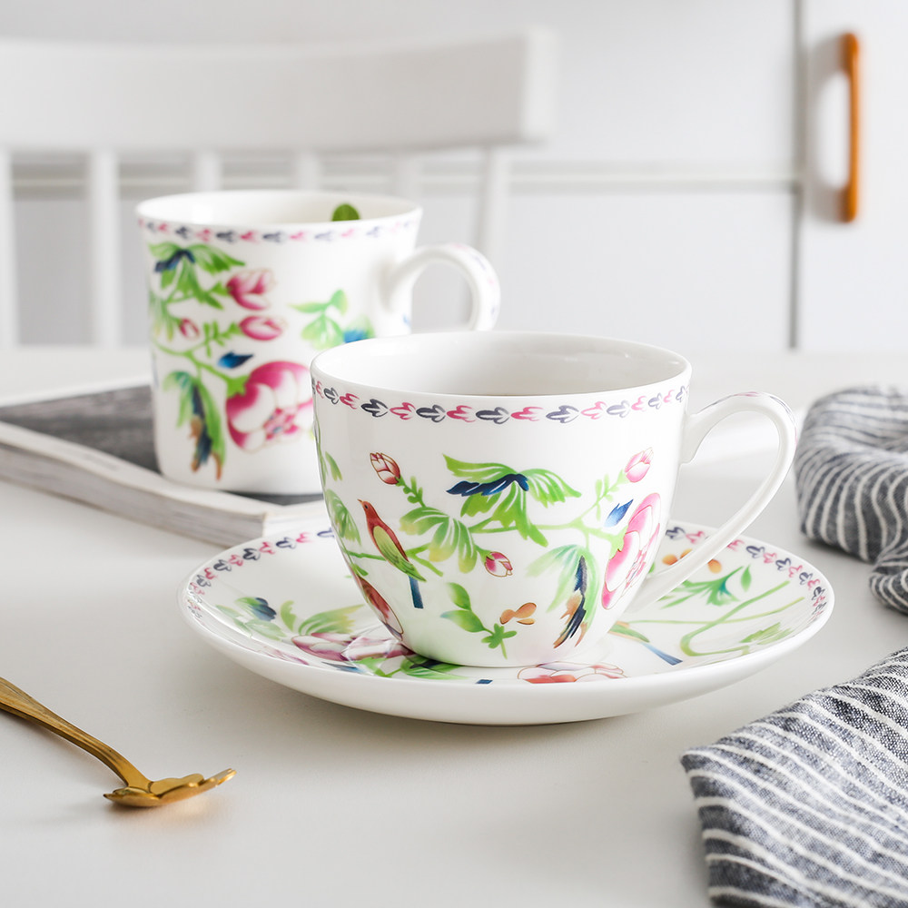 Bone china high-end English black tea coffee cup saucer milk mug European creative festive household ceramic flowers and birds