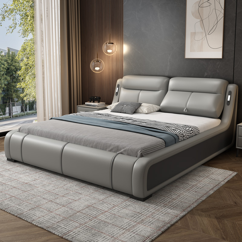 Real Leather Bed Multifunction Light Extravagant Modern Minimalist Master Bedroom Intelligent Leather Bed Bedroom Double Wedding Bed 2 m x2 Mi 2 Large Bed