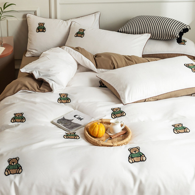 Bear embroidery washing cotton four-piece set of children's bed sheets quilt cover boy cute girl heart three-piece bedding