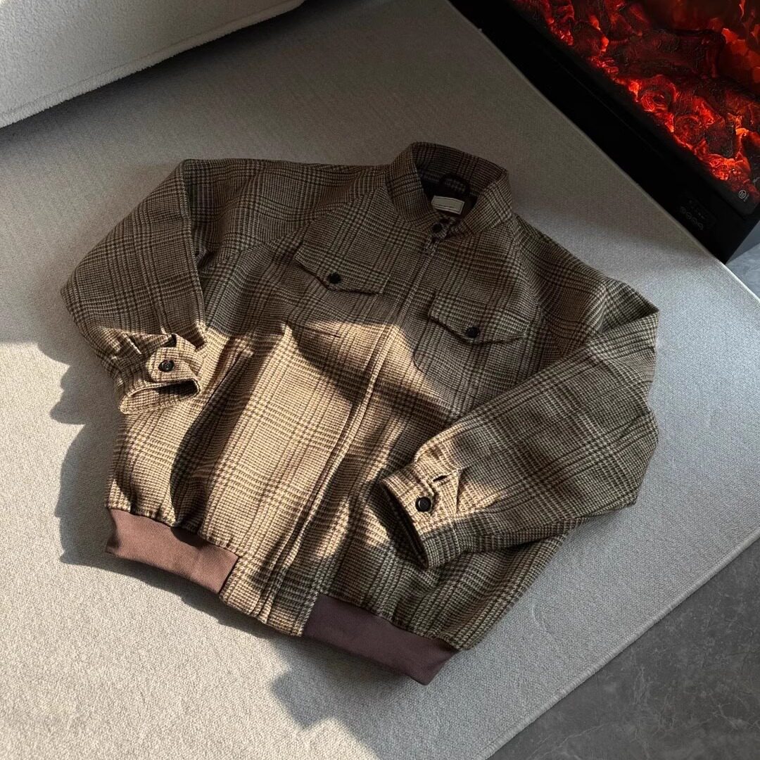 Весенняя короткая широкая куртка cleanfit Prince of Wales из 50% полушерстяной ткани Harrington в тонкую клетку от IWTFF. Изображение 1