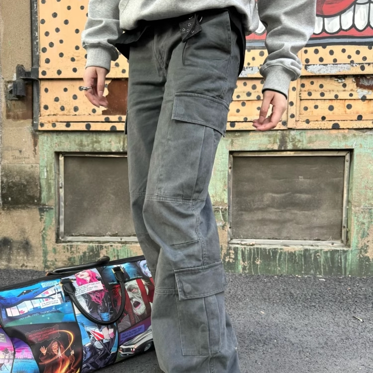 Straight-Leg Flared Multi-Pocket Cargo Pants, Washed and Distressed, Cleanfit, Loose Casual, Ykk Zipper, Pure Cotton Pants Straight-Leg Flared Multi-Pocket Cargo Pants, Washed and Distressed, Cleanfit, Loose Casual, Ykk Zipper, Pure Cotton Pants