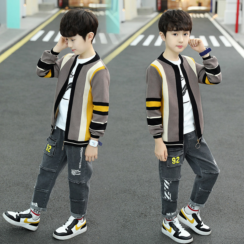 Children's clothing boys autumn cardigan suit 2022 new spring and autumn knitted sweater jeans middle and big children's two-piece trendy