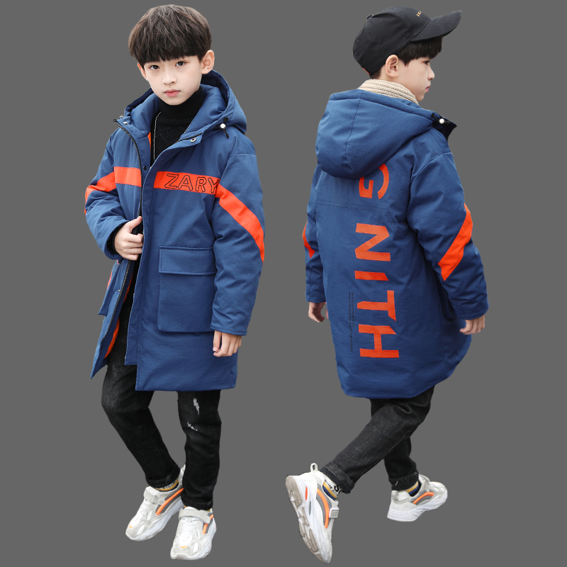 Children's suit boys winter cotton clothes 2022 new medium and large children medium long version thick down cotton jacket foreign pie tide