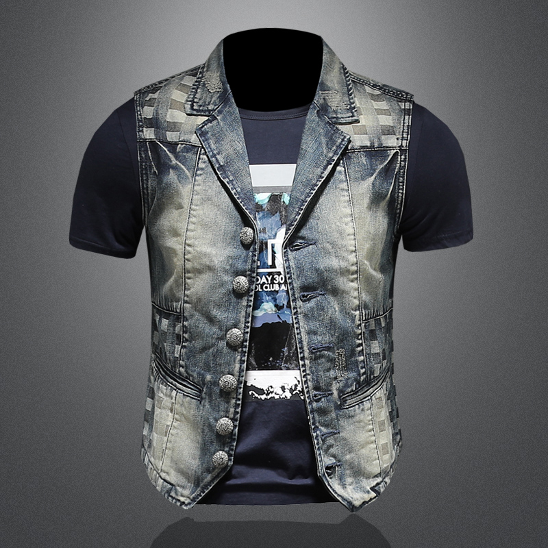 Trendy men casual denim vest vintage washed white embroidered suit collar denim vest sleeveless vest jacket