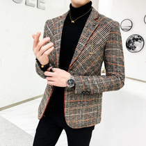 2021 autumn and winter trend mens British thousand bird grid hairy small suit Korean slim plaid suit casual jacket