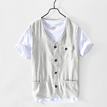 Summer thin cotton linen collarless waistcoat mens tide multi-pocket striped sleeveless waistband personality vest loose pony