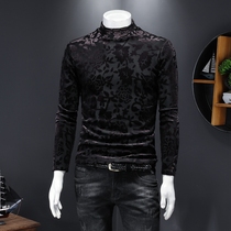 Vintage ethnic Flock print T-shirt men long sleeve plus velvet thermal underwear sexy fancy high neck base shirt