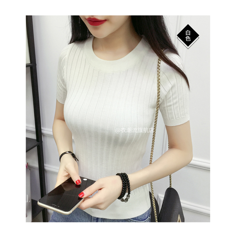 Mùa xuân và mùa hè mới của Hàn Quốc phiên bản của vòng cổ màu rắn ngắn tay áo sơ mi của phụ nữ đáy áo pit dải mỏng của phụ nữ áo len áo len gile len