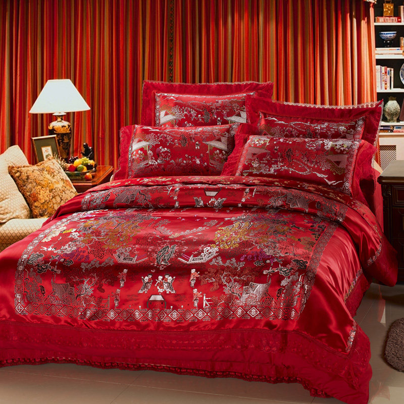 Dragon Phoenix 100 Subplot Wedding Bed Group Big Red Wedding Four Pieces Of Silk Satin Bed Linen Bed Bedding