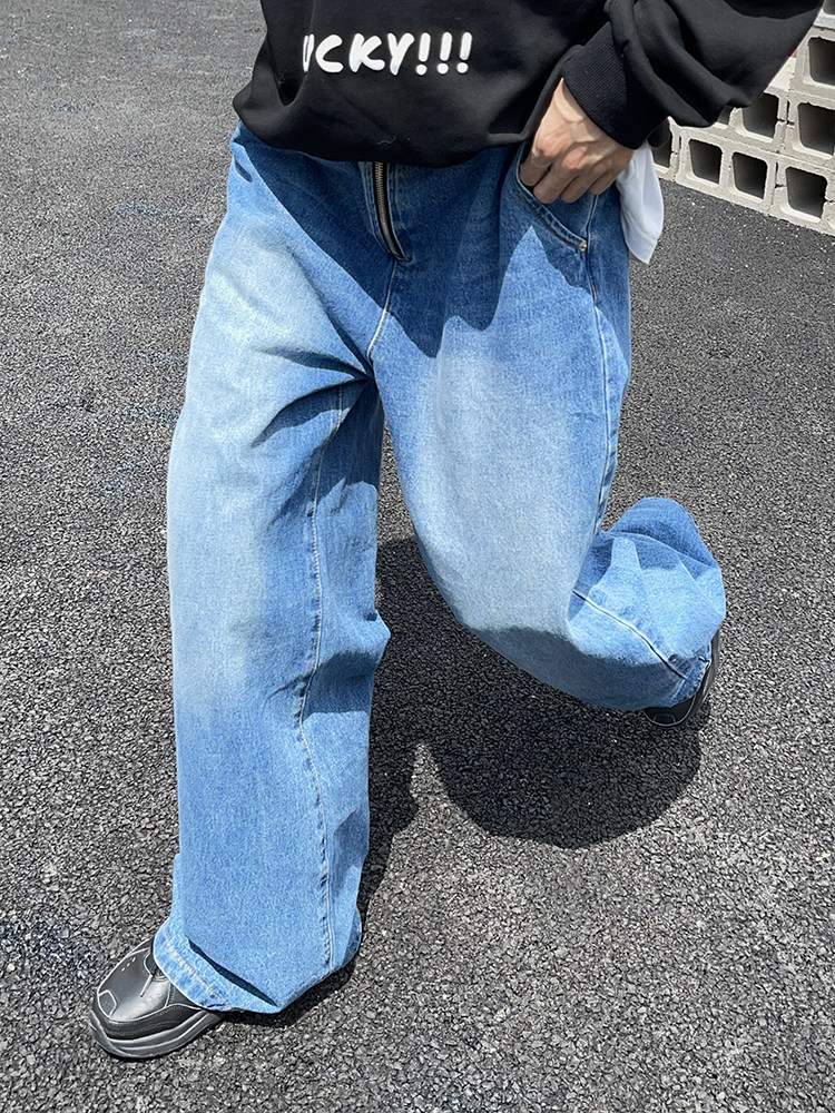 EAHO earthlinghoo Japanese and Korean street design loose version invincible washed denim trousers for men and women