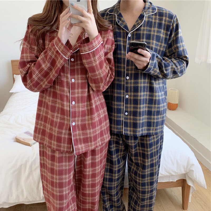 Couples pajamas plaid brushed cotton suit men and women spring and autumn long-sleeved leisure and comfortable two-piece home clothes