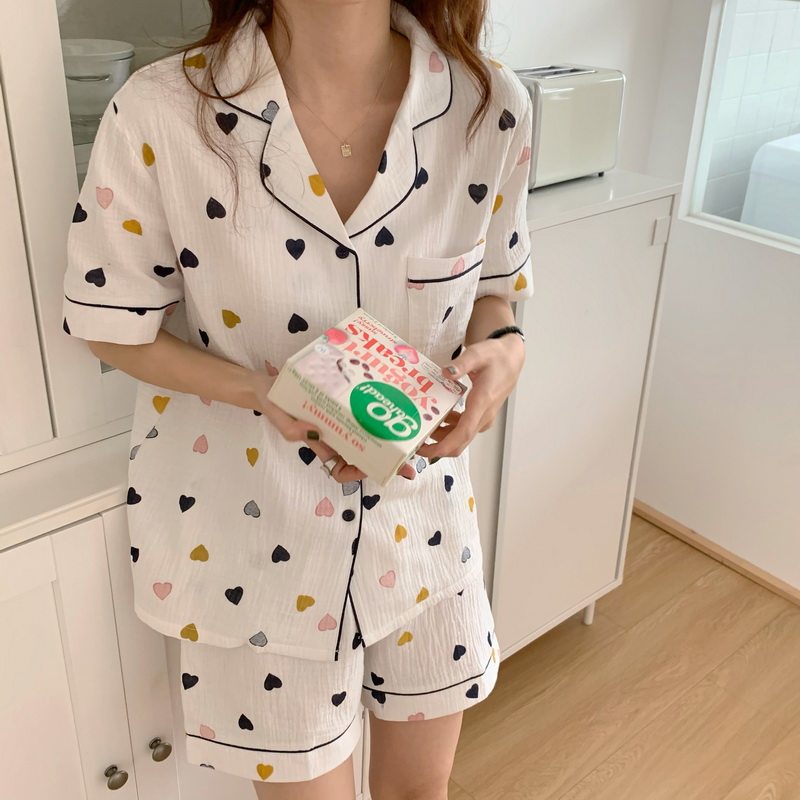 Japanese in wind Simple Love Little Cotton Pajamas Female Spring Summer Fall Short Sleeve Cute Home Clothes