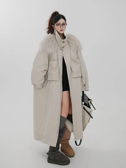 白色长款羽绒服女2025新款加厚保暖90白鸭绒可拆卸大毛领风衣外套