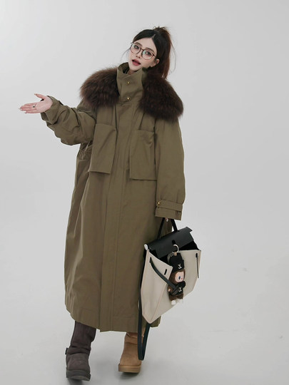 原创设计感大毛领工装羽绒服女2025冬新款风衣外套中长款休闲大衣