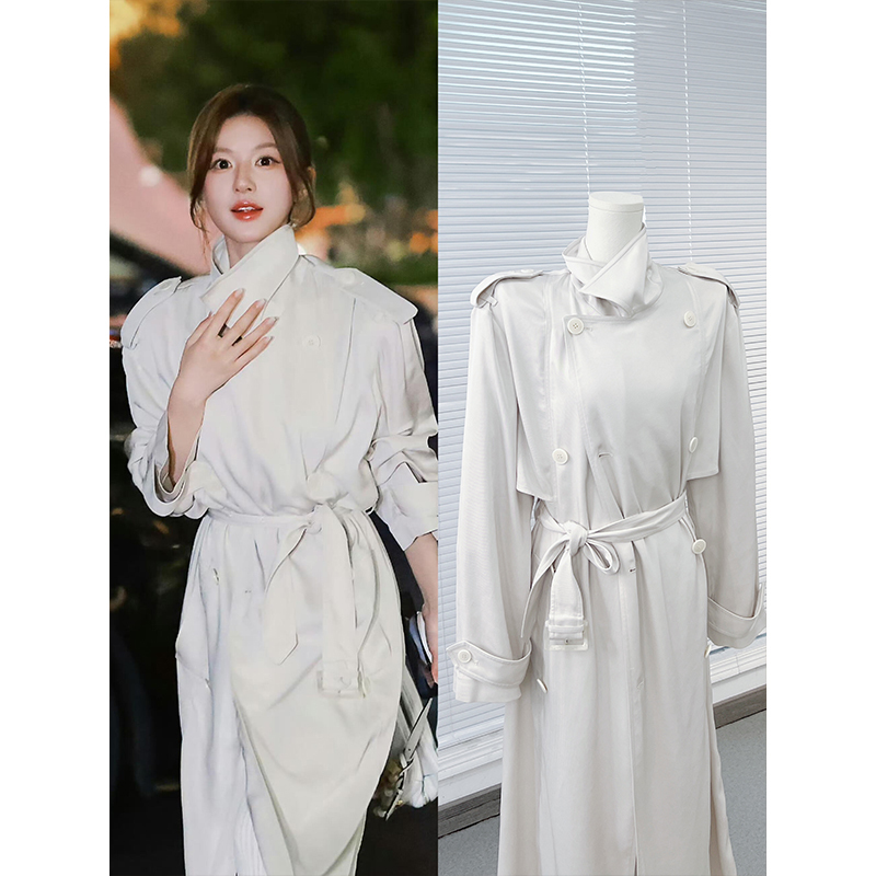 In Stock Zhao Lusi Celebrity Style White Lapel Elegant High-End Drape Trench Coat 2026 Spring Coat