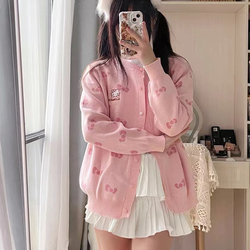 Sanrio Hello Kitty Pink Cardigan Petite Loose Knit Sweater Coat Sanrio Hello Kitty Pink Cardigan Petite Loose Knit Sweater Coat