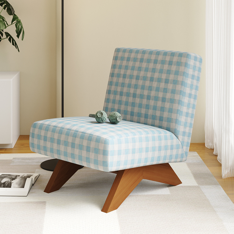 Rome Designer Single Sofa Chair, Mid-Century Style Blue Plaid Leisure Chair, Living Room Bedroom Backrest Fabric Chair