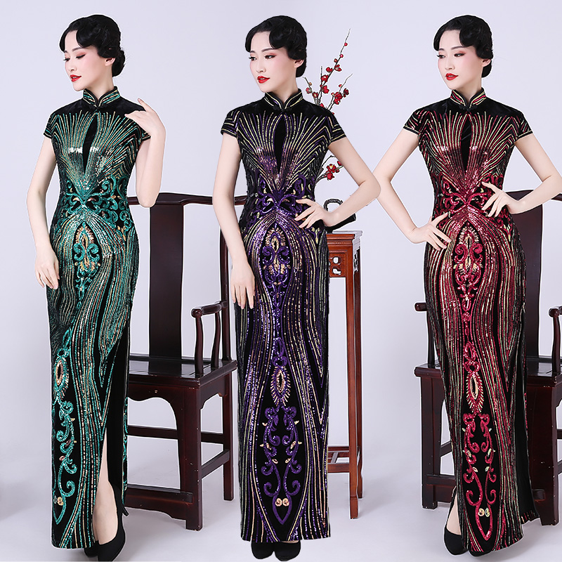 Performance catwalk cheongsam skirt female 2020 new sequins long version improved version stage high-end catwalk gold velvet large size