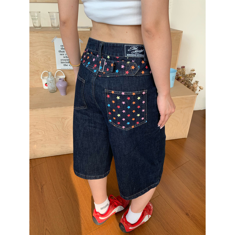 Jiaoni American Retro Fun Star Print Cropped Denim Pants Summer Denim Color Paris Buckle Wide-Leg Mid-Length Pants Jiaoni American Retro Fun Star Print Cropped Denim Pants Summer Denim Color Paris Buckle Wide-Leg Mid-Length Pants