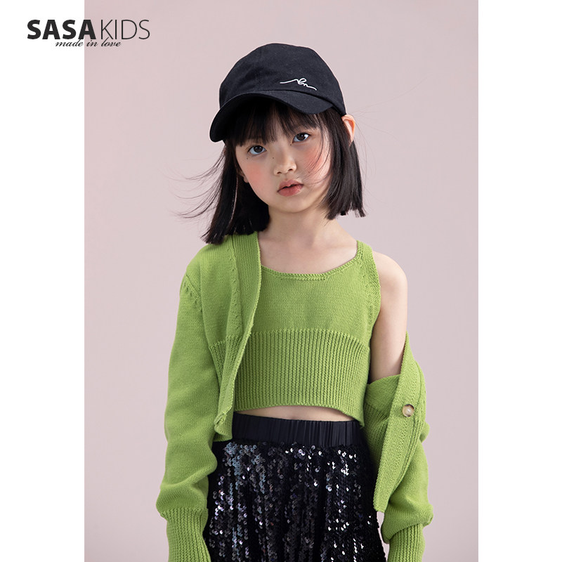 SASAKIDS Custom all-cotton BM-wind anti-ball outside wearing inner lap harness girl spring-style breathable knitted vest