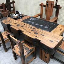 Old boat wood tea table and chair combination retro sleeper keel tea table cabin wood solid wood furniture light luxury kung fu tea table